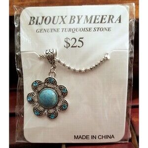 Vintage Bijoux By Meera  Silver Turquoise Flower Pendant 18-23" Silvertone Chain